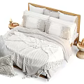 Modern Double Bed With Striped Fringe Bedding Wooden Headboard And Decorative Bowls