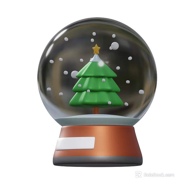 Decorative Ornament Set Featuring Snow Globe Green Christmas Tree Star Snowflakes And Brown Base 3d model 