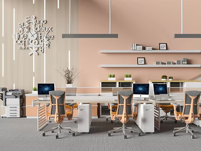 Office Desks with Ergonomic Chairs Computer Monitors Wall Shelves and Decorative Letters 3d model