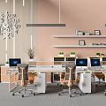 Office Desks with Ergonomic Chairs Computer Monitors Wall Shelves and Decorative Letters