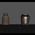 Two Textured Clay Jars One With Rope Handle On Black Tabletop Against Gray Background