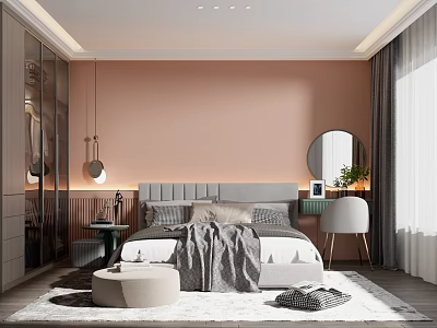 Modern Bedroom Interior Design With Peach Colored Wall Gray Headboard Round Mirror And White Chair 3d model