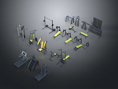 Variety Of Gym Fitness Equipment Including Treadmills Dumbbells Workout Benches And Machines 3d model