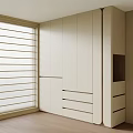 Modern Wardrobe Design with Beige Cabinet Doors Drawers and Window Blinds