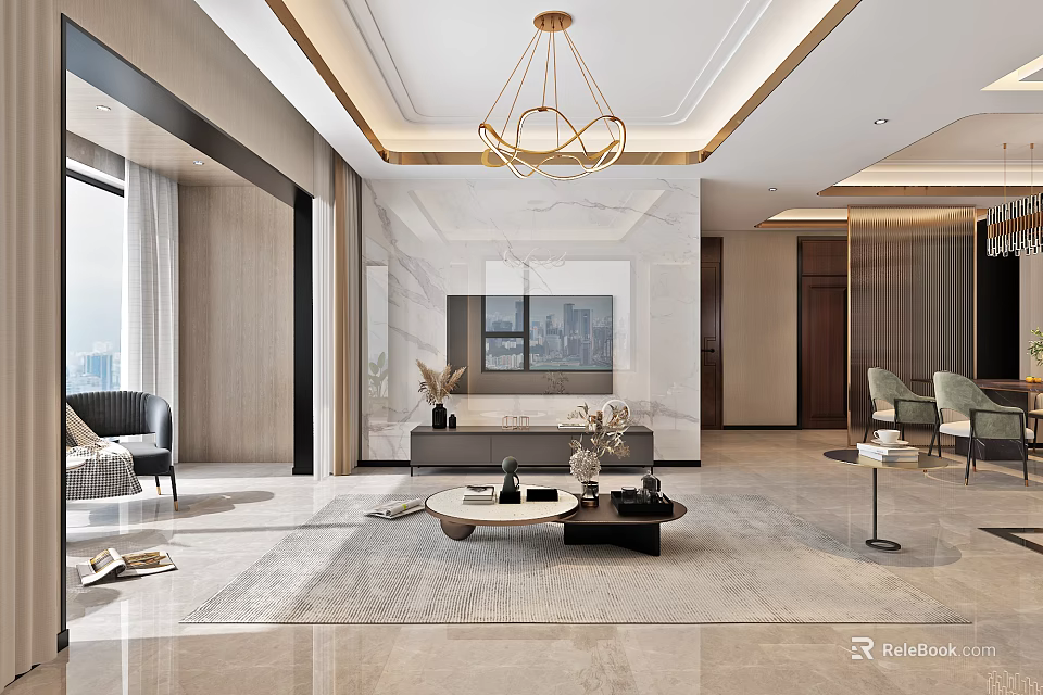 Elegant Modern Living Room Interior With Marble Accent Wall Chandelier And Coffee Table 3d model 