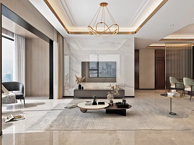 Elegant Modern Living Room Interior With Marble Accent Wall Chandelier And Coffee Table 3d model