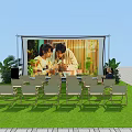 Outdoor Tobacco And Alcohol Store Booth With Large Advertisement Green Plants And Arranged Chairs