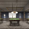 Elegant Billiard Room Interior with Multiple Pool Tables Hanging Lights and Stylish Flooring 3d model