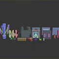 Various Gate Models Showcasing Blue and Gray Structures on Reflective Surface