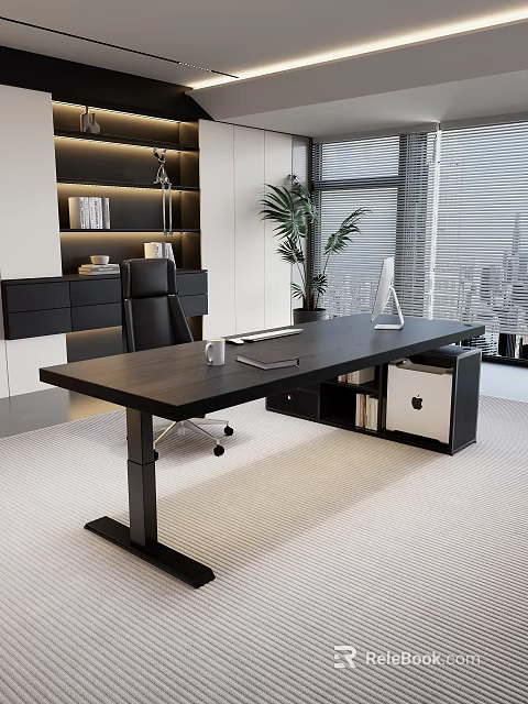 Modern Black Office Desk With Apple Computer Potted Plant Glass Notebook And City View Window 3d model 