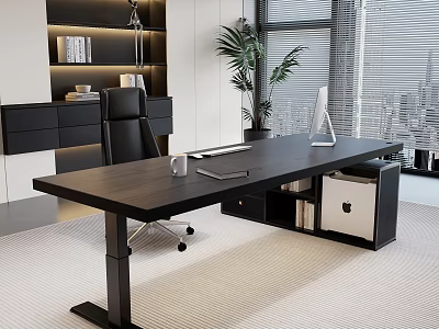 Modern Black Office Desk With Apple Computer Potted Plant Glass Notebook And City View Window 3d model
