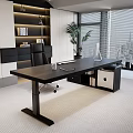 Modern Black Office Desk With Apple Computer Potted Plant Glass Notebook And City View Window