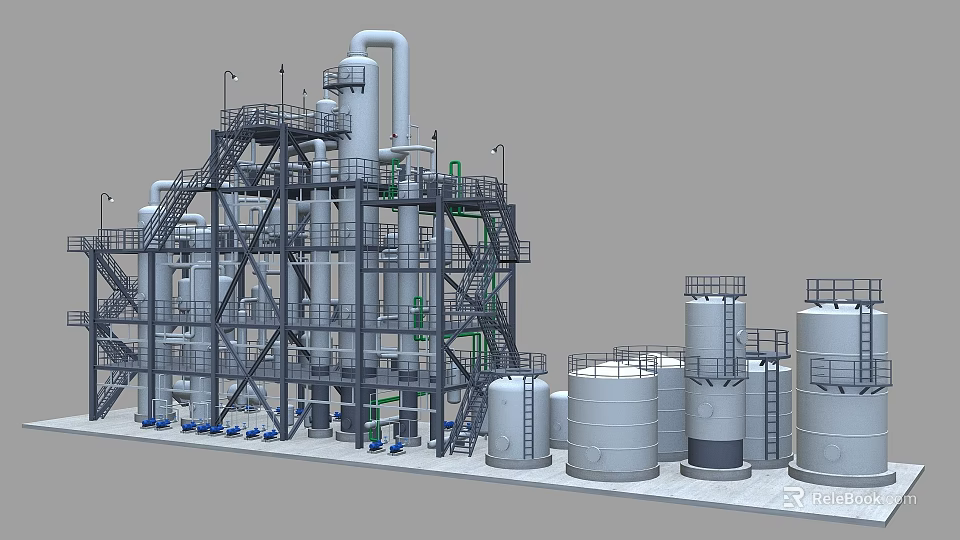 Industrial Chemical Processing Equipment Featuring Distillation Towers Storage Tanks Steel Structures And Pipelines 3d model 