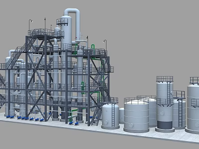 Industrial Chemical Processing Equipment Featuring Distillation Towers Storage Tanks Steel Structures And Pipelines 3d model