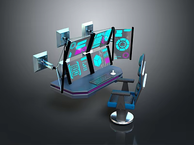 Modern Multi Screen Workstation With Ergonomic Chair And Digital Data Interface Screens 3d model