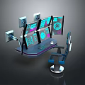 Modern Multi Screen Workstation With Ergonomic Chair And Digital Data Interface Screens 3d model
