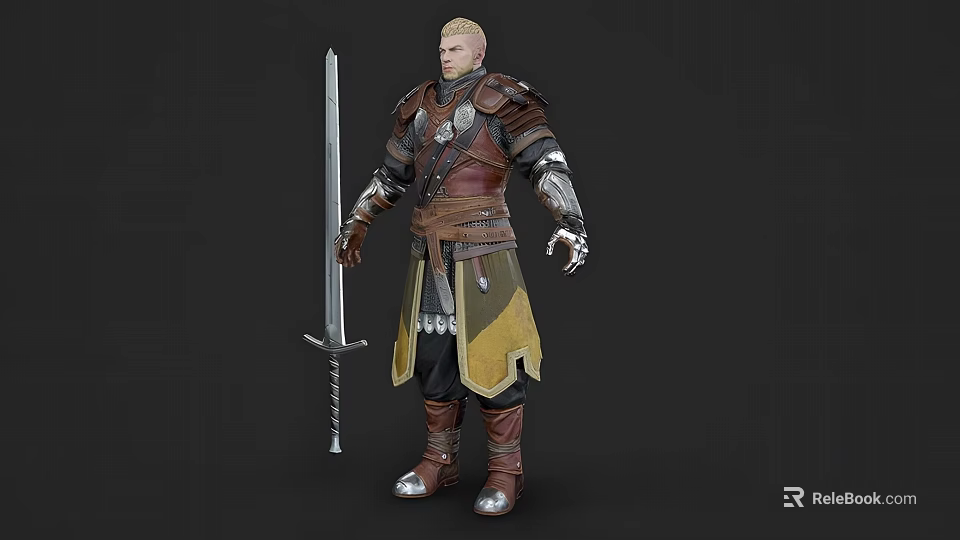 Man in Medieval Fantasy Armor Standing with Long Sword and Leather Straps 3d model 