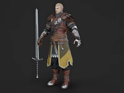 Man in Medieval Fantasy Armor Standing with Long Sword and Leather Straps 3d model