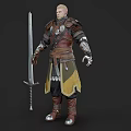 Man in Medieval Fantasy Armor Standing with Long Sword and Leather Straps