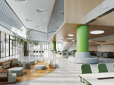 Modern Library Interior With Green Pillars Wooden Accents And Natural Light 3d model