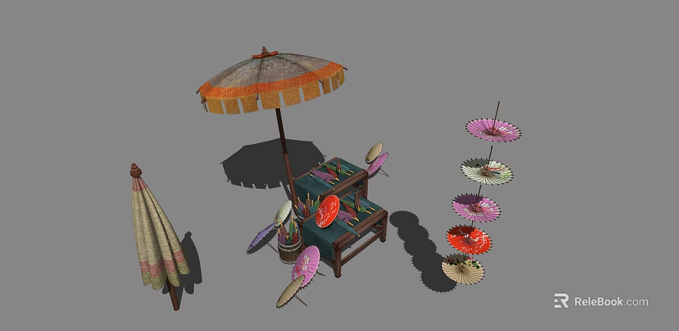 Practical Daily Life Supplies Including Colorful Umbrellas Table Chairs And Fans 3d model 