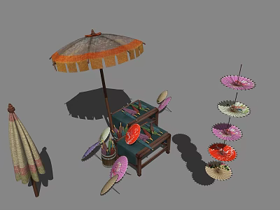 Practical Daily Life Supplies Including Colorful Umbrellas Table Chairs And Fans 3d model