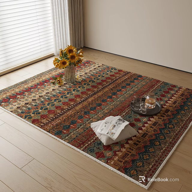 Multicolored Square Area Rug with Geometric Patterns Featuring Sunflower Vase Magazine Tray on Wooden Floor 3d model 