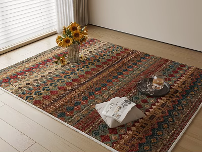 Multicolored Square Area Rug with Geometric Patterns Featuring Sunflower Vase Magazine Tray on Wooden Floor 3d model