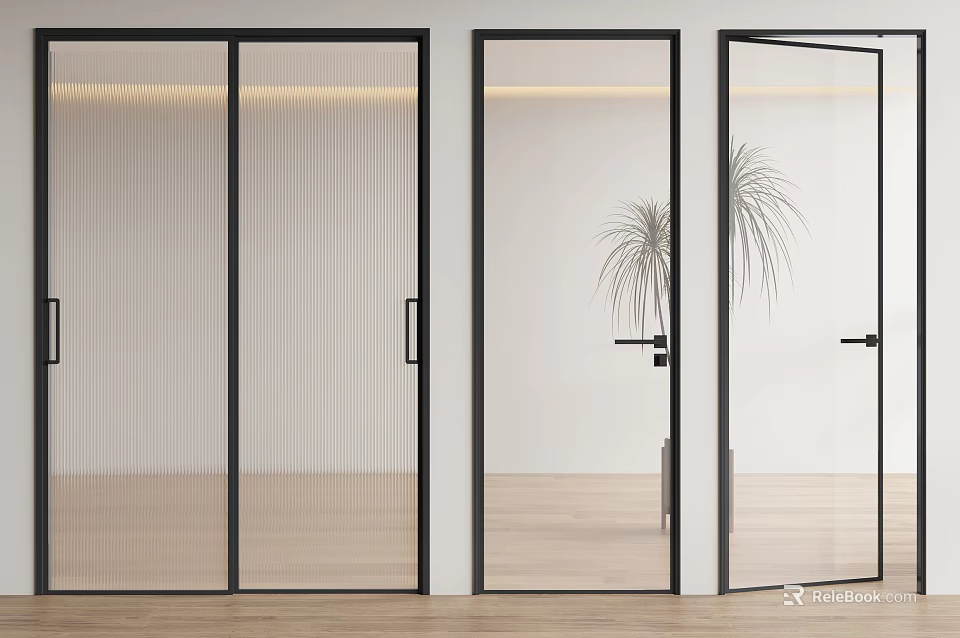 Modern Hinged Doors Featuring Glass Panels And Black Frames In Interior Design 3d model
