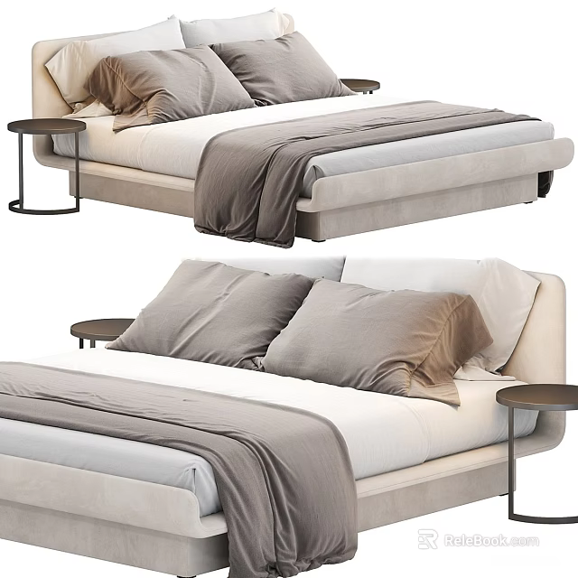 Modern Upholstered Double Bed With Neutral Pillows Soft Blanket And Side Nightstand 3d model