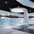 Modern Tech Company Reception Desk With White Walls Black Ceiling Blue Lines And Marble Floor