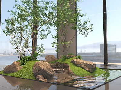 Indoor Landscape With Large Windows City View Water Feature Rocks Green Grass And Small Waterfall 3d model
