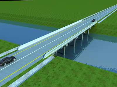 Highway Bridge Over River With Green Grass And Cars On Road 3d model