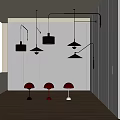 Modern Pendant And Table Lighting Fixture Combination With White Black Red Shades In Minimalist Interior