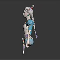 Game and Movie Character With Pinkish Hair Green Blue Top And Colorful Waist Decorations