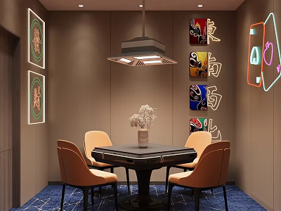 Elegant Hotel Mahjong Room With Mahjong Table Chairs Peking Opera Masks And Neon Signs 3d model