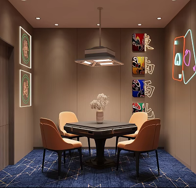 Elegant Hotel Mahjong Room With Mahjong Table Chairs Peking Opera Masks And Neon Signs 3d model