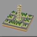 Miniature Leaning Tower Architectural Model With Green Trees On Square Base