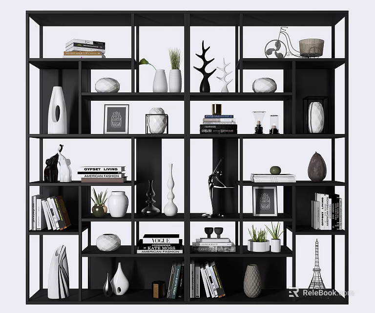 Modern Black Open Shelf Bookcase With Books Decorative Items And Small Plants 3d model