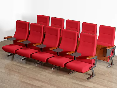 Red Public Chairs in Theater with Armrests Small Tables Wooden Floor White Walls 3d model