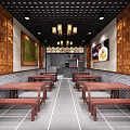Commercial Restaurant Kitchen Interior with Gray Tiled Walls Stainless Steel Worktables and Cooking Equipment