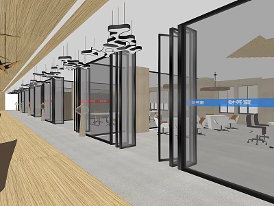 Modern Office Corridor Interior With Wooden Ceiling Glass Partition Doors And Workspace 3d model