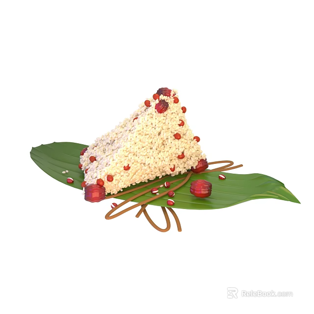 Traditional Glutinous Rice Dumpling with Red Date Pieces on Bamboo Leaf and Brown Strings 3d model 