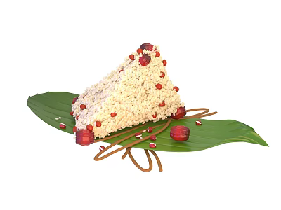 Traditional Glutinous Rice Dumpling with Red Date Pieces on Bamboo Leaf and Brown Strings 3d model