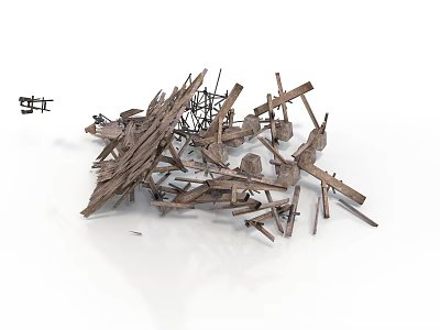 Jumbled Construction Debris Pile With Wooden Planks And Metal Structures 3d model
