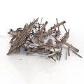 Jumbled Construction Debris Pile With Wooden Planks And Metal Structures