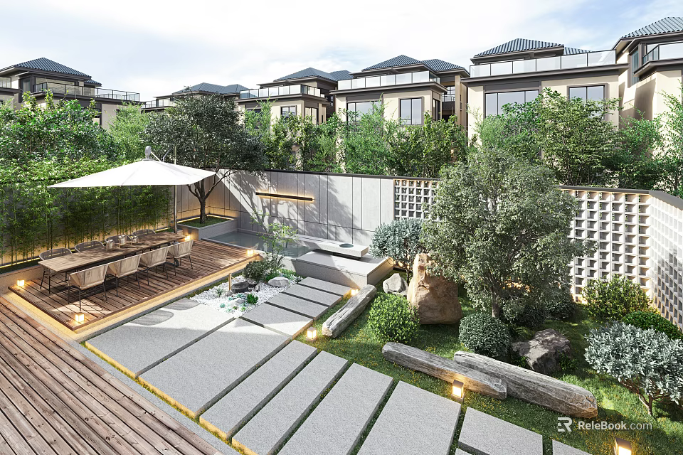 Modern Garden Landscape With Wooden Deck Stone Steps Outdoor Seating And Lush Greenery 3d model 