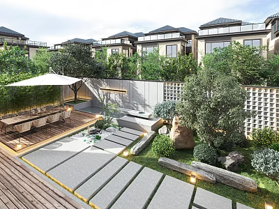 Modern Garden Landscape With Wooden Deck Stone Steps Outdoor Seating And Lush Greenery 3d model