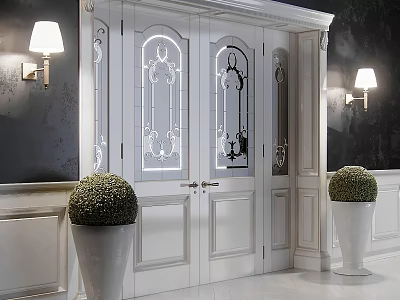 Elegant White Entry Interior With Stained Glass Door Wall Lamps And Green Topiaries 3d model