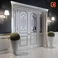 Elegant White Entry Interior With Stained Glass Door Wall Lamps And Green Topiaries